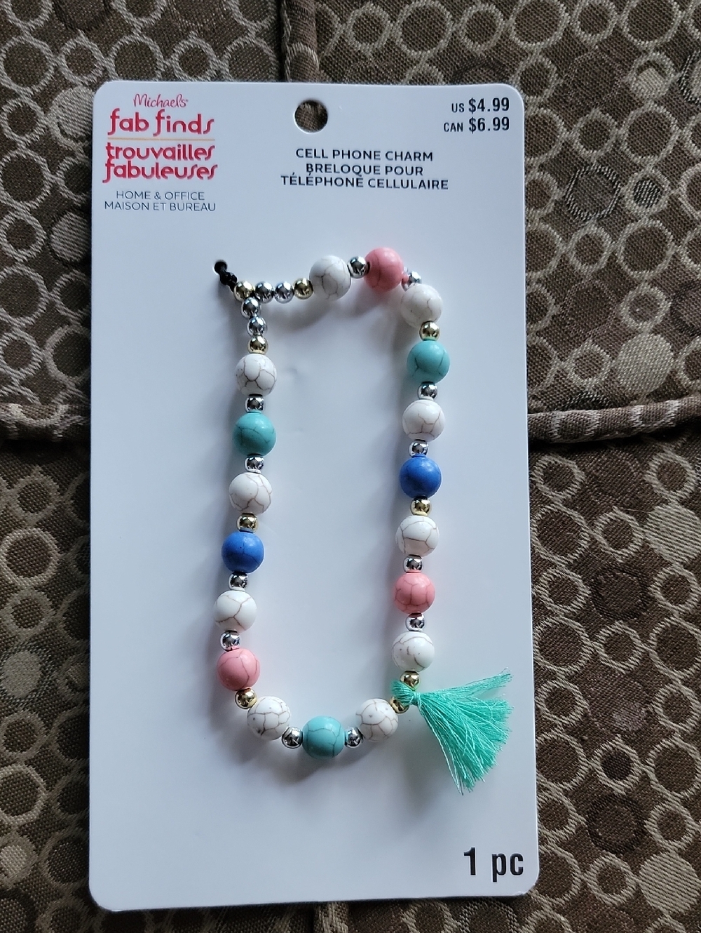 Multicolor Beaded Cell Phone Charm with Teal Tassel